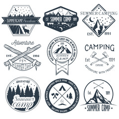 vector set of camping labels in vintage style. summer camp outdoor adventure concept illustration.