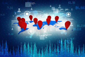 Poster - 3d rendering Red map pointer with world map