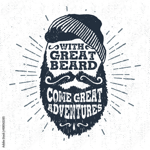 Fotografie, Obraz Hand drawn vintage label with textured bearded face vector illustration and "With great beard come great adventures" lettering