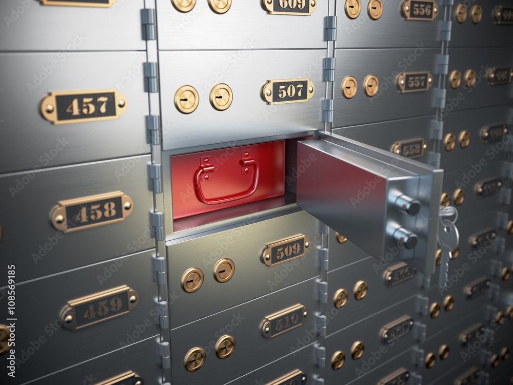 Safe deposit boxes with open one safe cell. - obrazy, fototapety, plakaty 