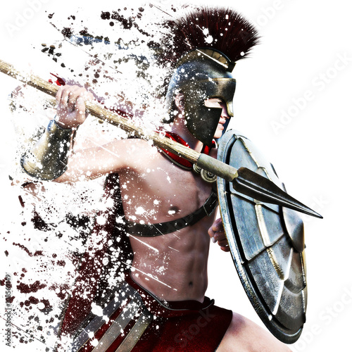 Foto Spartanischer Angriff, ein spartanischer Krieger im Kampfkleid, das auf einem weißen Hintergrund mit Spritzereffekt angreift