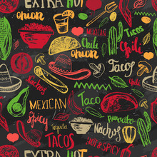 Vector Seamless Pattern Mexican Food With Lettering. Mexican Food Tacos, Burritos, Nachos. Mexican Kitchen. Can Be Used For Restaurant, Cafe. Mexican Food Menu. 