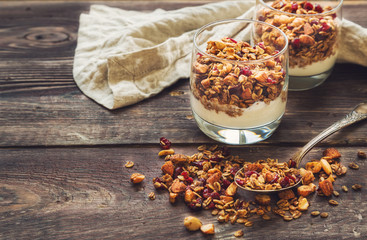 Canvas Print - Homemade granola, muesli with yogurt in glasses