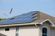 Home Exterior Showing House Roof With Rows Of Electric Solar Panels With The Metaphor Of Green Living Being Additionally Portrayed With The Flying Birds