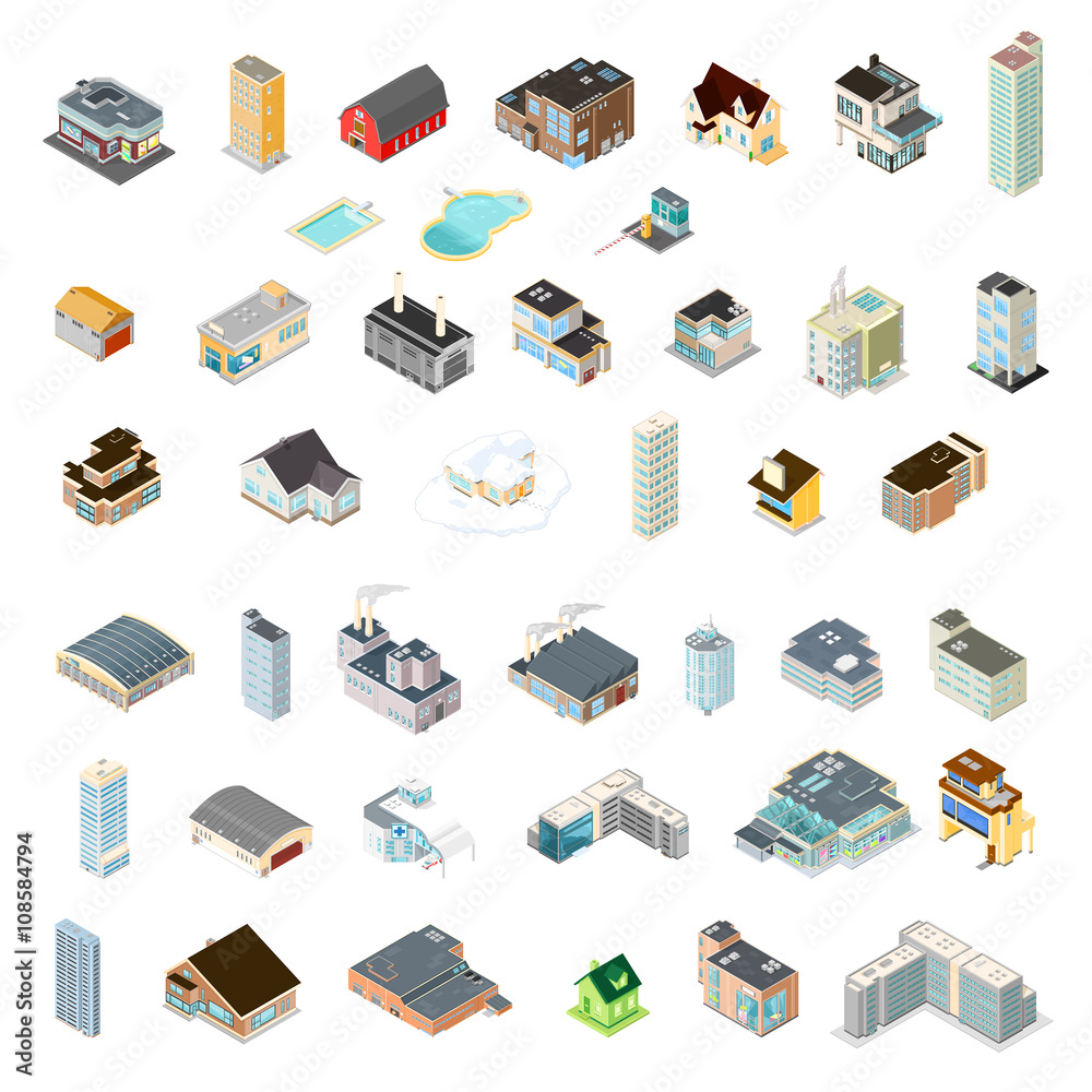 Large Icon set of isometric buildings.
Various vector isometric architecture. - obrazy, fototapety, plakaty 