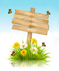 Aufkleber - Summer nature background with grass, flowers and wooden sign. Ve