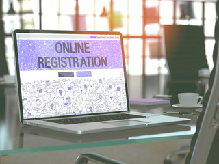 Poster - Online Registration Concept. Closeup Landing Page on Laptop Screen in Doodle Design Style. On Background of Comfortable Working Place in Modern Office. Blurred, Toned Image. 3D Render.
