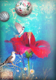 Fototapeta Paryż - Blue background with  hibiscus and birds