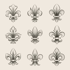 Poster - Engraving fleur de lis icons set