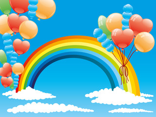 Wall Mural - Balloons and a rainbow in a blue sky.