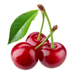 Wall Mural - Cherry with leaves isolated on white background.