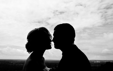 Wall Mural - Silhouette couple kissing outdoors