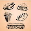 Set with fast food hand drawn illustration. Sketch vector illustration. Fast food restaurant, fast food menu. Chicken, Sandwich, Pop Corn, Hot Dog, Taco