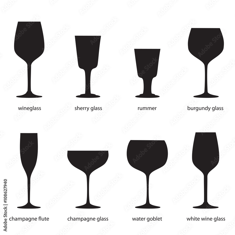 Kitchenware. Different kinds of glasses, names. Silhouettes of wine glasses.  Wineglass, sherry glass, rummer, burgundy glass, champagne flute, champagne  glass, water goblet, white wine glass. Stock-vektor | Adobe Stock