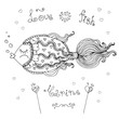 Vector illustration love fish with heart.  Original hand drawn phrase love fish, marine. Painted on a white background