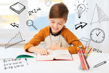 Poster - smiling, student boy reading book at home