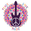 Hippie peace symbol. Peace, love, music sign and guitar on ornate colorful mandala background. Design concept for banner, card, scrap booking, t-shirt, bag, print, poster. Vector illustration