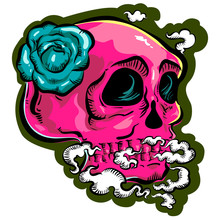 Pink Skull , Smoke , Blue Rose White Background