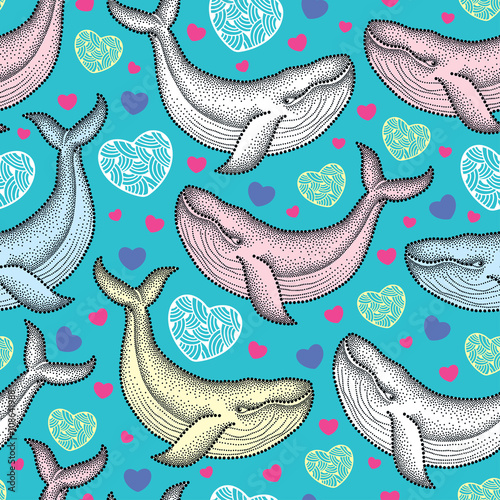 Cotton fabric Vector seamless pattern with dotted humpback whale in pastel colors and hearts on the turquoise background. Maritime summer theme with whales. Background for Valentine day in dotwork style.