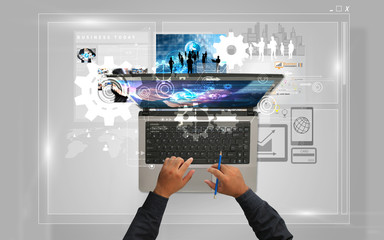 Wall Mural - Businessman using laptop and devices connect Social media.