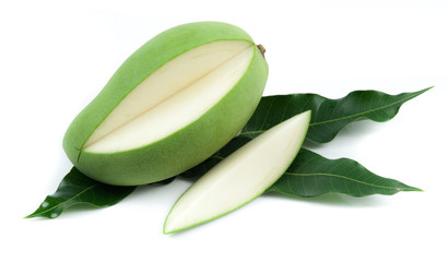 Wall Mural - fresh green mango on white background
