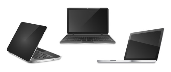 Poster - Three open notebooks in different positions isolated on a white background. Black laptop.