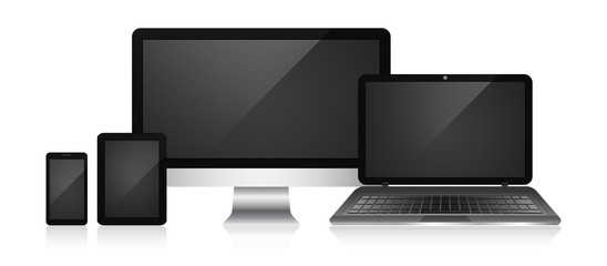 Poster - Responsive web design devices on a white background. Computer, tablet, smart phone and laptop.