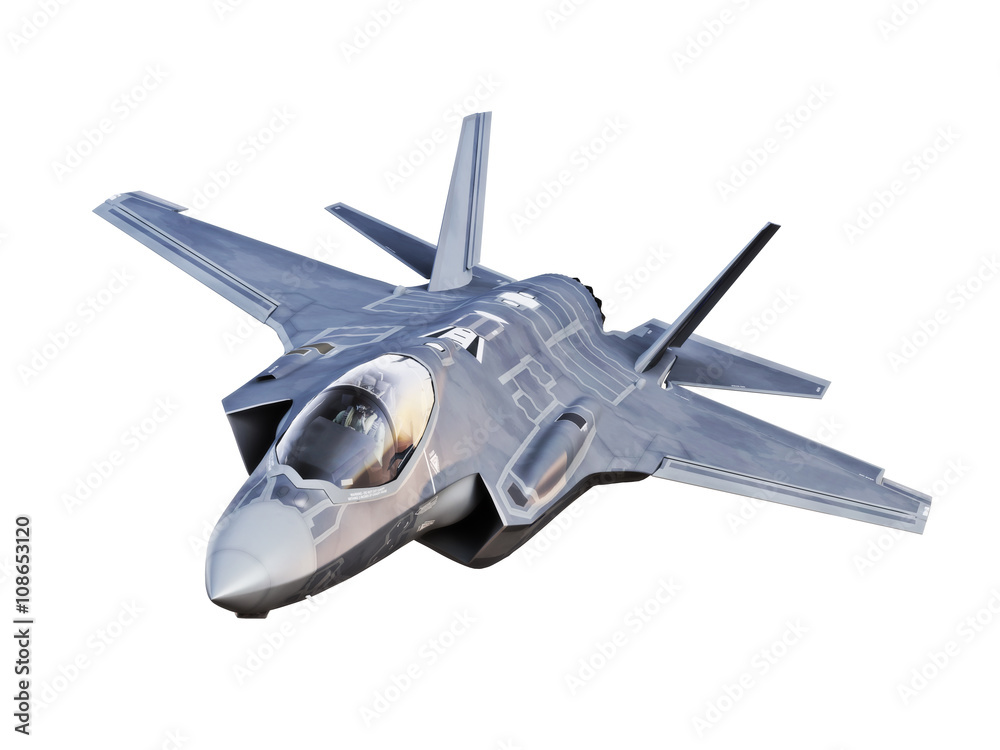 Angled view of a F35 jet aircraft isolated on a white background. - obrazy, fototapety, plakaty 