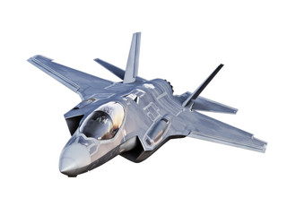 angled view of a f35 jet aircraft isolated on a white background.