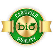 Green certified bio product badge with gold border 
