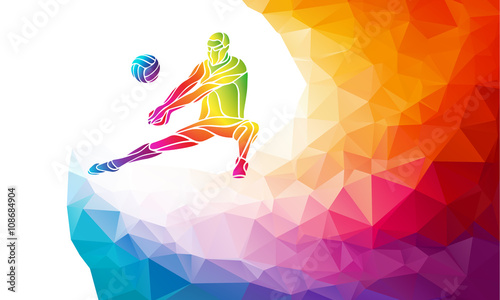 Fototapeta na szkło Kreatywna sylwetka siatkarz. Drużynowego sporta wektorowa ilustracja lub sztandaru szablon w modnym abstrakcjonistycznym kolorowym wieloboka stylu z tęcza plecy