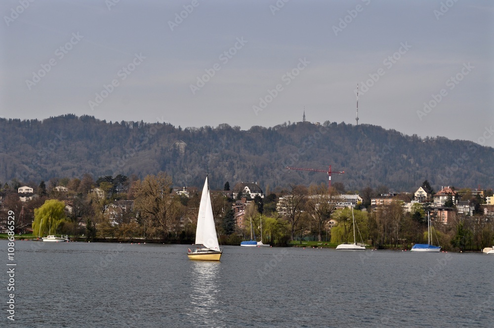 Zürichsee in der Stadt Zürich, Stadtkreis Wollishofen mit Segelboot und ...