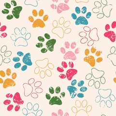 Vector seamless pattern with cat or dog footprints. Cute colorfu