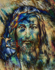 Leinwandbilder - painting of Jesus with a lion, on beautiful colorful background, eye contact and lion profile portrait.