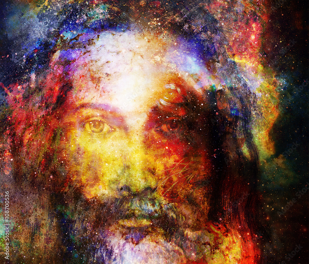 Obraz Jezusa Chrystusa z promienną kolorową energią światła w kosmicznej przestrzeni - obrazy, fototapety, plakaty 