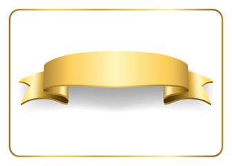 Wall Mural - Gold satin empty ribbon. Golden blank banner. Design decoration element, isolated on white background. Vintage retro style. Template flag, greeting, card. Symbol guarantee product. Vector illustration