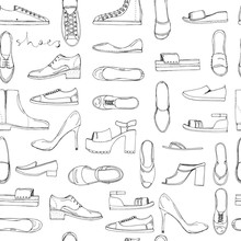 Hand Drawn Sketch Seamless Pattern Of Shoes - Running Shoes Sneakers, Boots, Ballet Flats, Flip Flops, Tractor Sole Shoes, Loafer With Lettering. Coloring Book