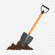 Shovel in the ground. Gardening tool on checked background.