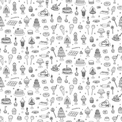 Seamless background hand drawn doodle Sweets set Vector illustration Sketchy Sweet food icons collection Isolated desert symbols Cupcake Macaron Chocolate bar Candy Cake Pie Pastry Lollipop Pastry