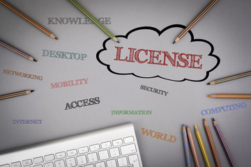 Sticker - license word cloud. colored pencils and a computer keyboard on t
