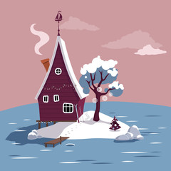 Winter scene with a cartoon house on a small island in the middle of a frozen lake, EPS 8 vector illustration, no transparencies