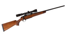 Bolt Action Rifle With A Wood Stock And High-powered Riflescope Isolated On A White Background.