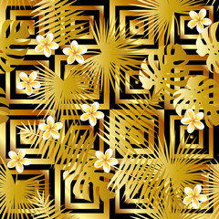 seamless retro gold luxury pattern with palm leaves and tropical exotic plumeria rubra frangipani fl