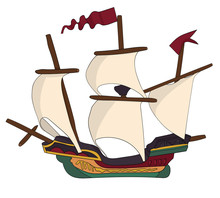 Vintage Ship With Sails And Red Flags