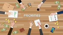 Priority Priorities Team Work Together On Top Of Wood Desk Vector Illustration