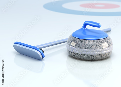 Fotografía Stone and brush for curling on ice. 3d render image.