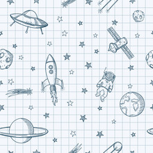 Hand Drawn Astronomy Doodle Seamless Pattern.