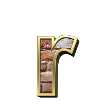 One lower case letter from old brick with gold frame alphabet set, isolated on white. 3D illustration.