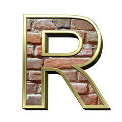 Leinwandbilder - One letter from old brick with gold frame alphabet set, isolated on white. 3D illustration.