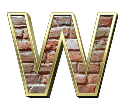 One letter from old brick with gold frame alphabet set, isolated on white. 3D illustration.